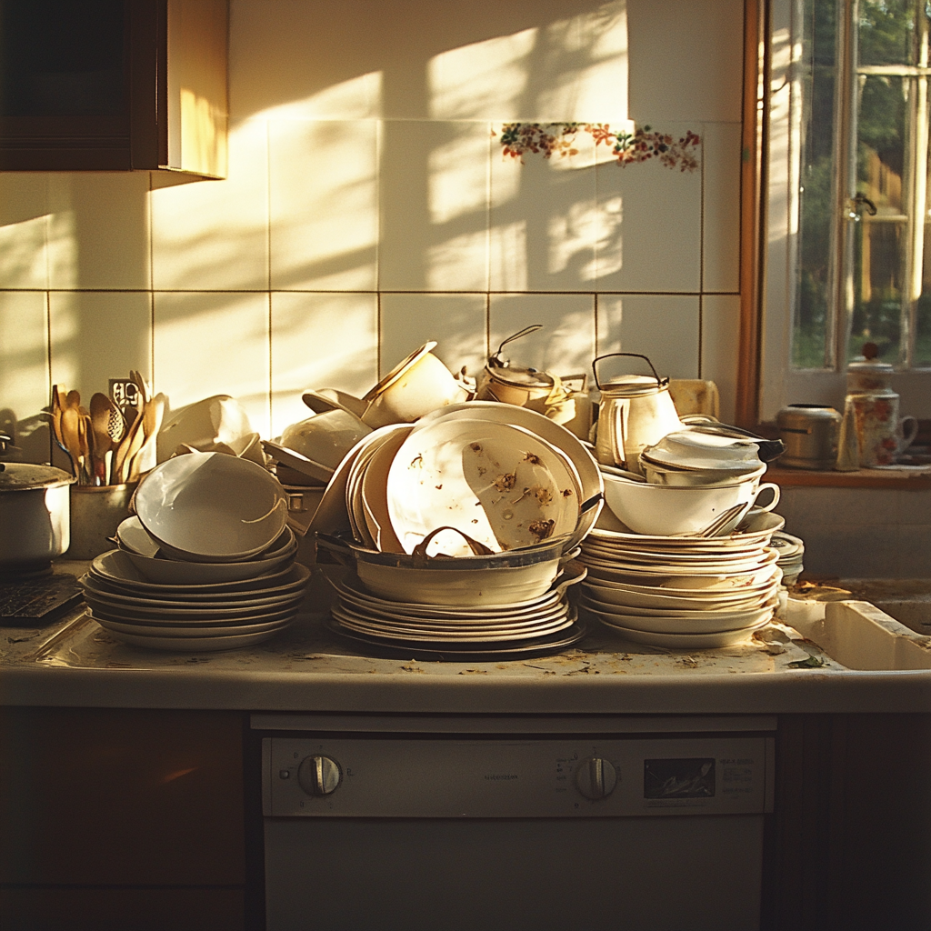 A kitchen counter overflowing with dirty dishes | Source: no source