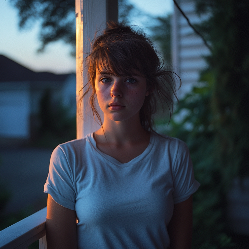 A nervous woman on a porch | Source: No source