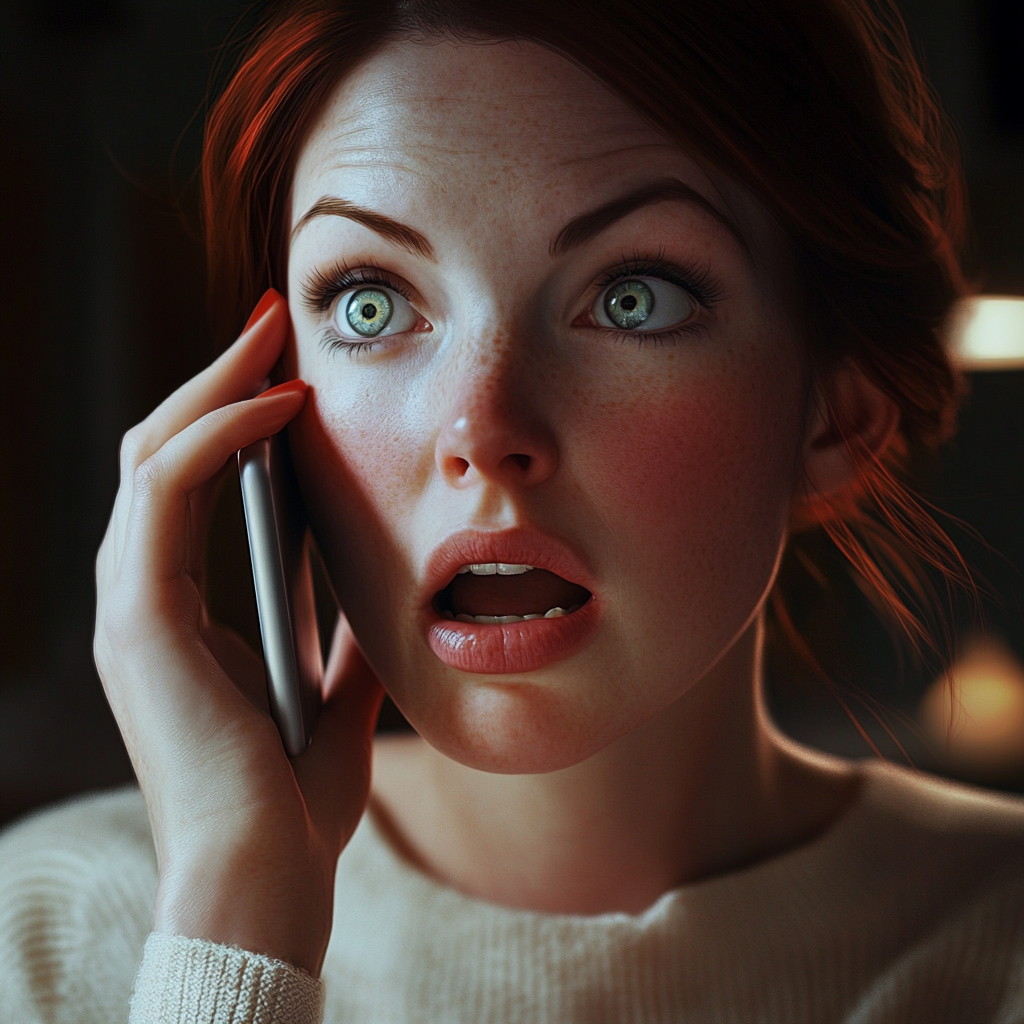 A startled woman talking on the phone | Source: no source