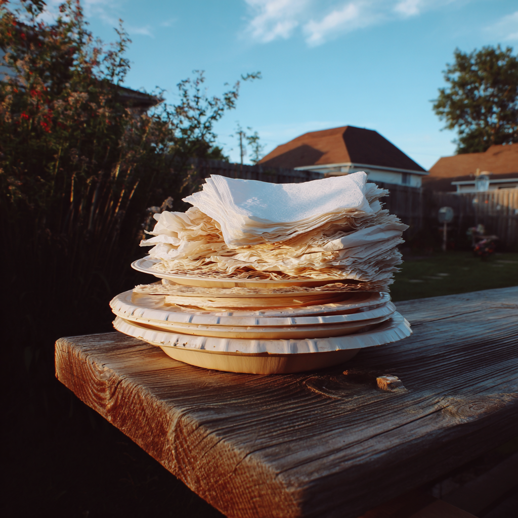 A stack of used paper plates and napkins | Source: No source