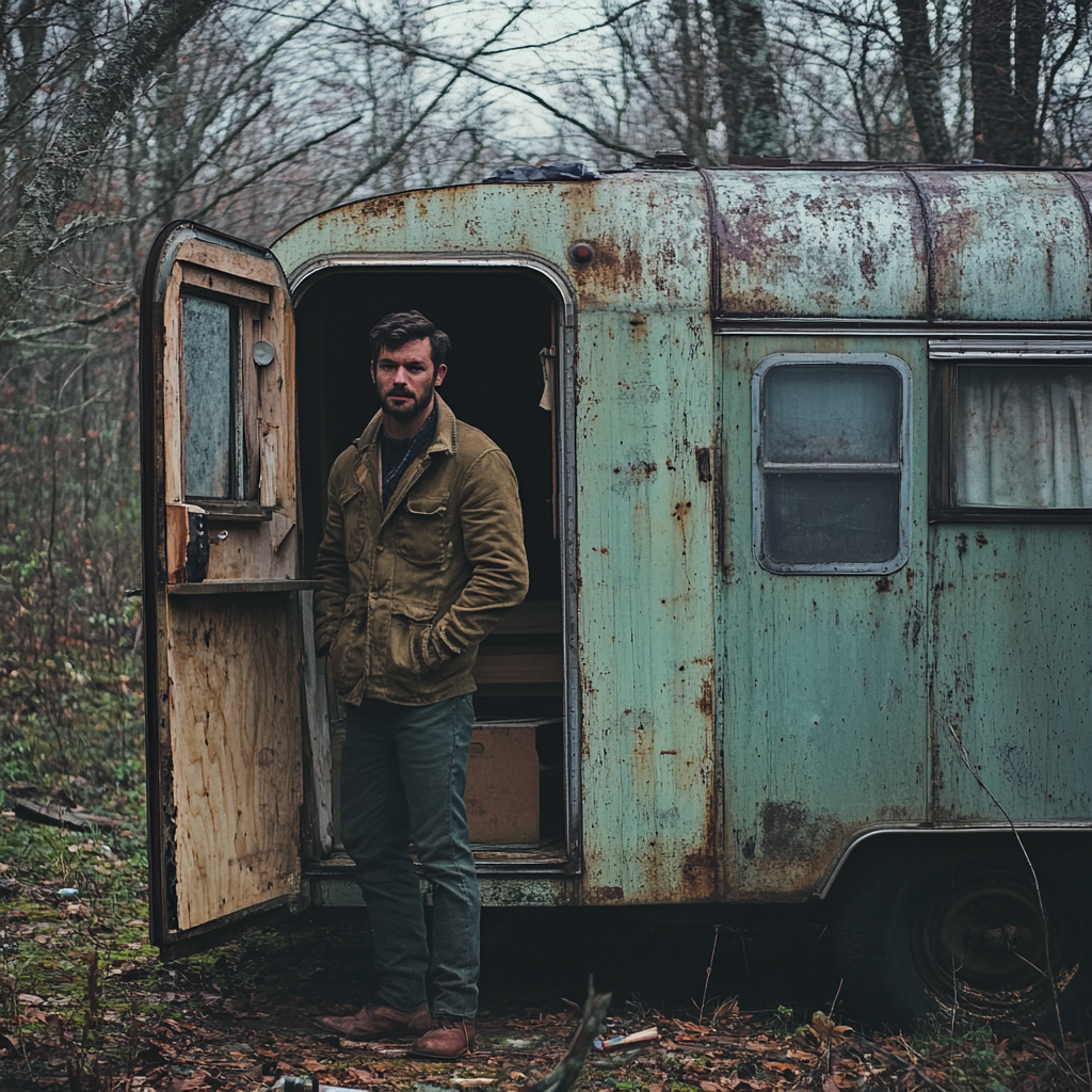 Man standing at the door of an old trailer | Source: No source