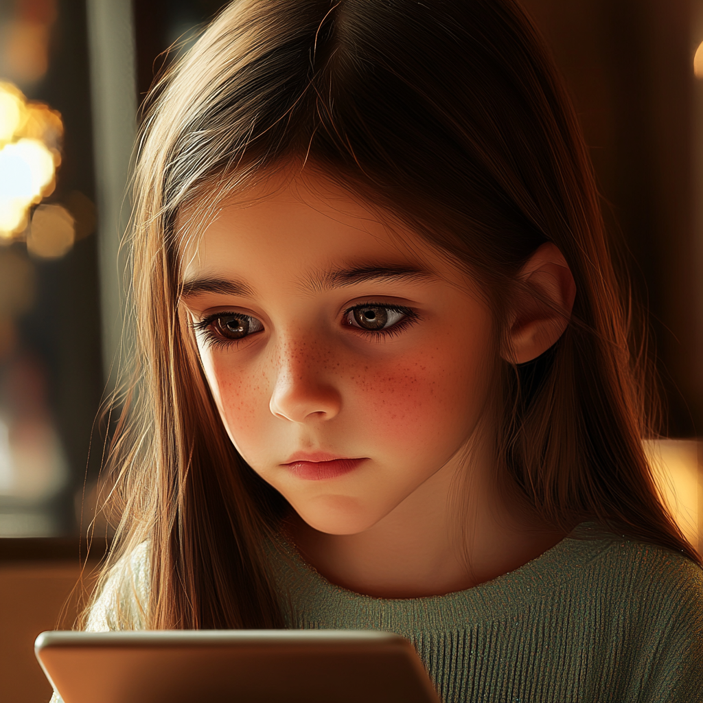 A sad girl looking at her tablet | Source: no source