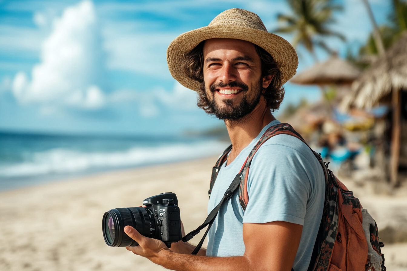 A man holding a camera on the beach | Source: No source