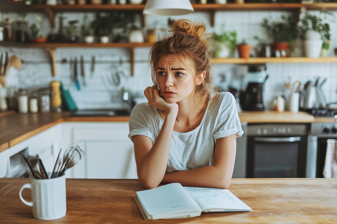 A thoughtful woman sitting at a kitchen table with a notebook | Source: No source