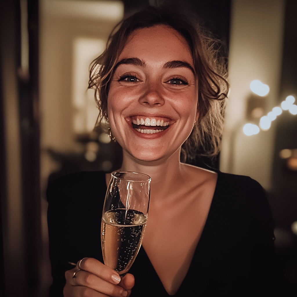 A smiling woman holding a glass of champagne | Source: No source