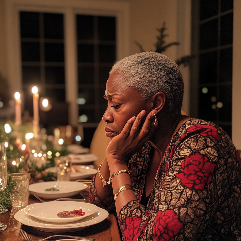 An upset woman sitting at a table | Source: no source