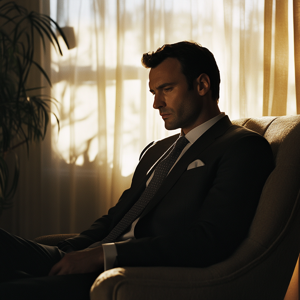 A serious sad man in a armchair | Source: No source