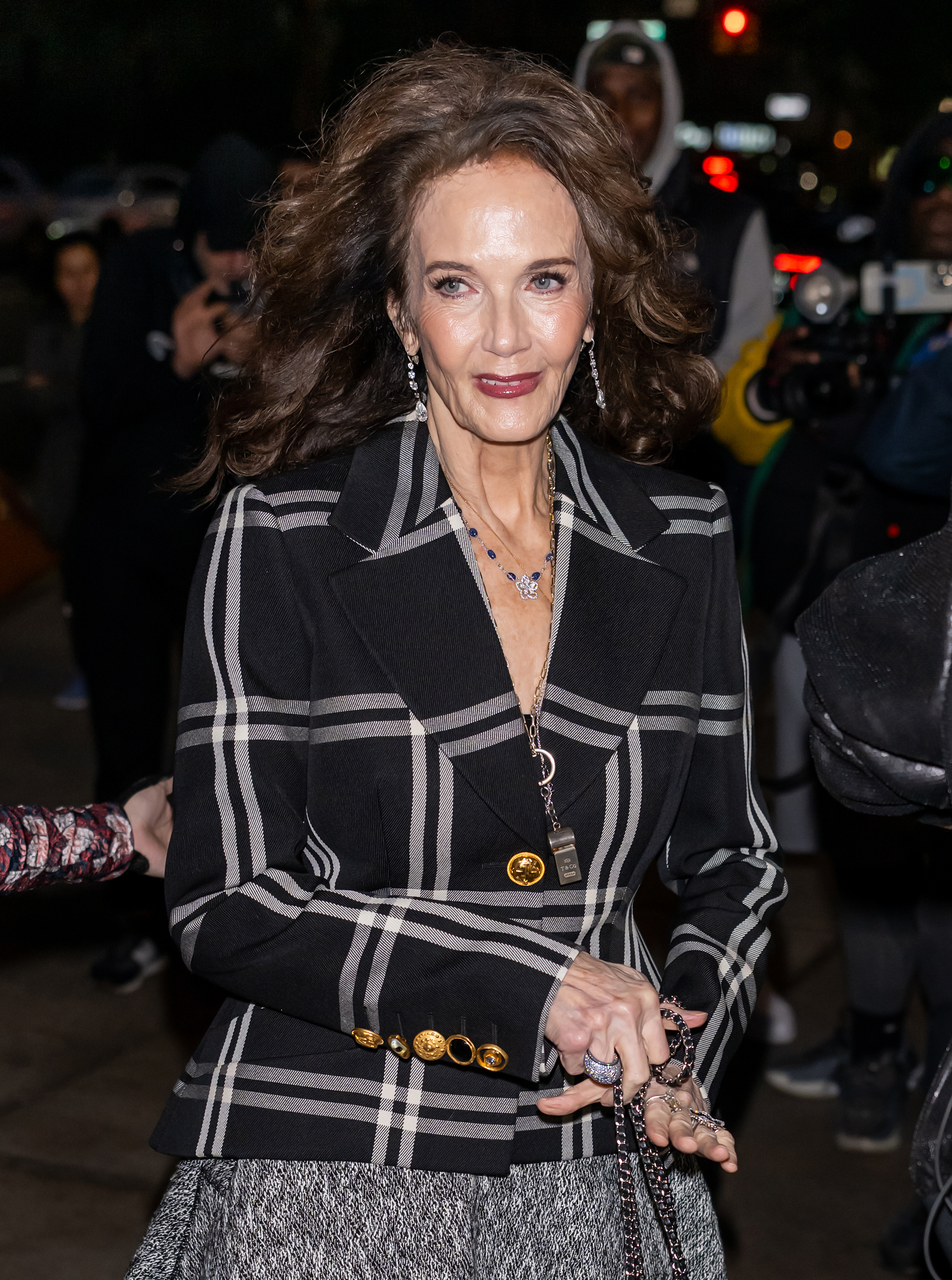Lynda Carter arrives at an evening event in a tailored black blazer with bold plaid stripes and statement gold buttons. Her voluminous hair flows in the night breeze as she accessorizes with layered necklaces, drop earrings, and an assortment of rings, exuding elegance with a touch of edge.