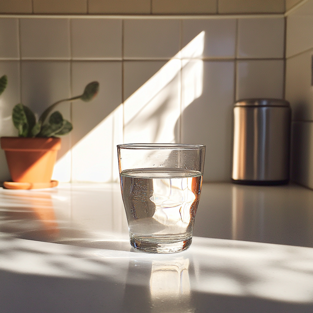 A glass of water on a counter | Source: No source