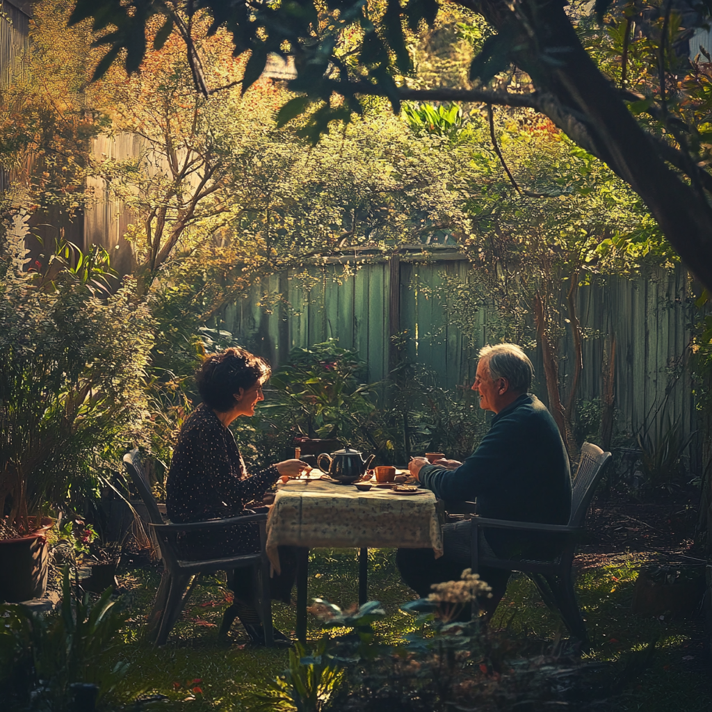 Senior couple having tea in their backyard | Source: No source
