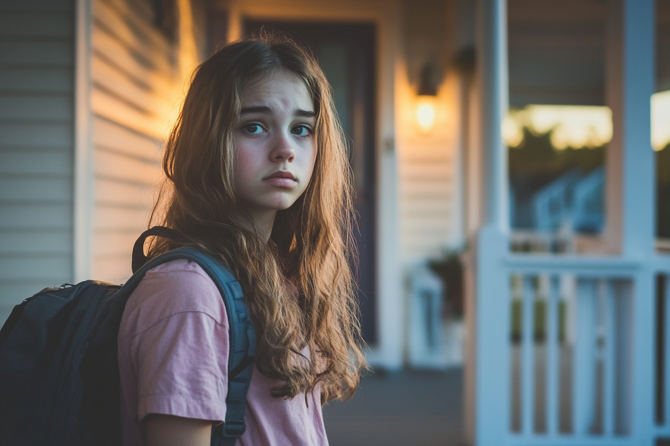 A sad teen girl standing on a porch | Source: No source