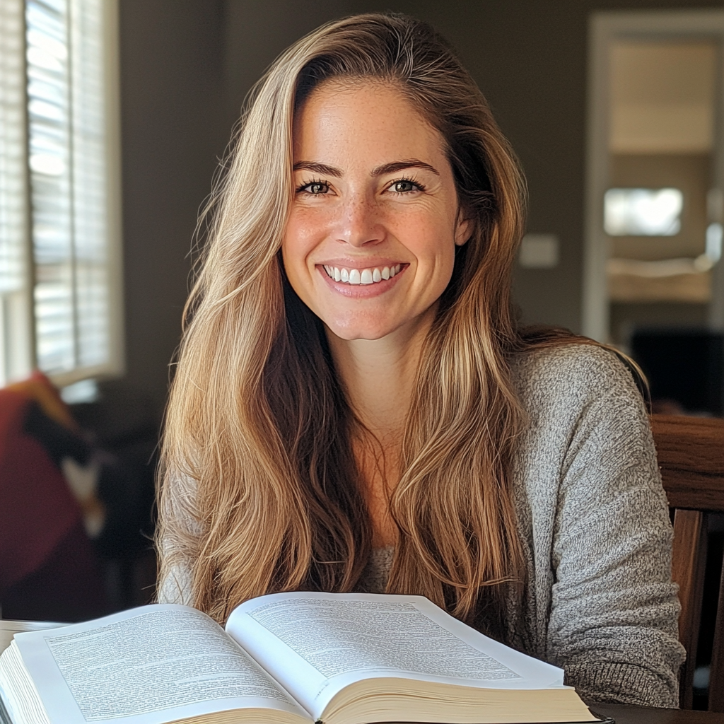 A smiling woman sitting with a textbook | Source: no source