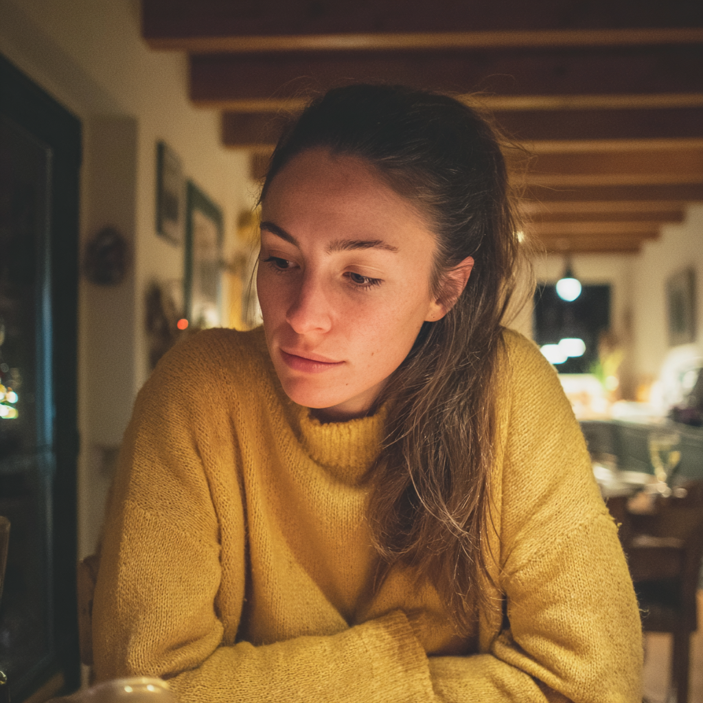 An upset woman wearing a mustard sweater | Source: No Source