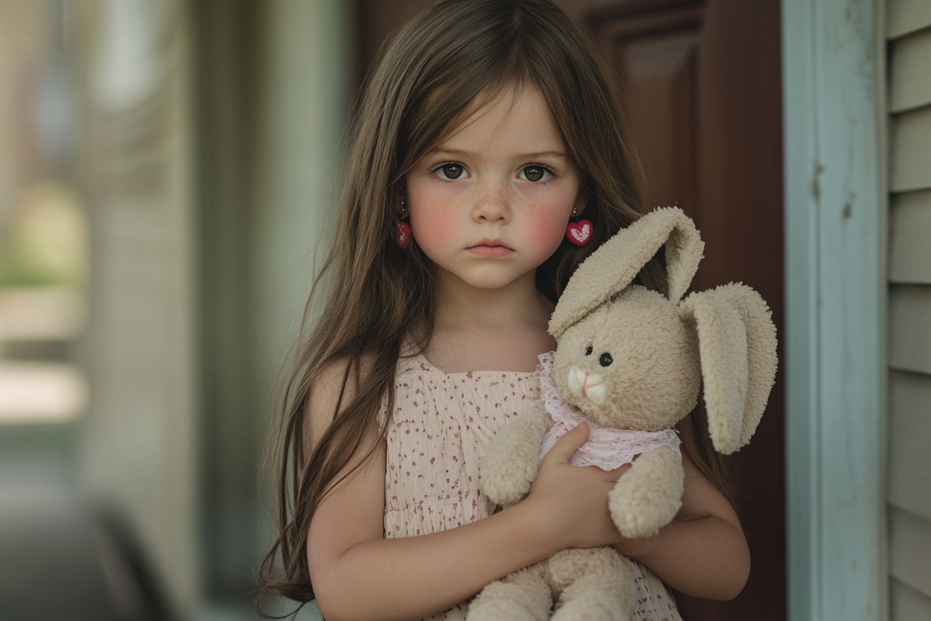 A sad 5-year-old girl hugging a stuffed bunny on the front porch | Source: No source