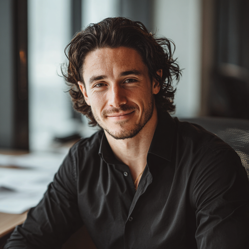 A smiling man wearing a black formal shirt | Source: no source