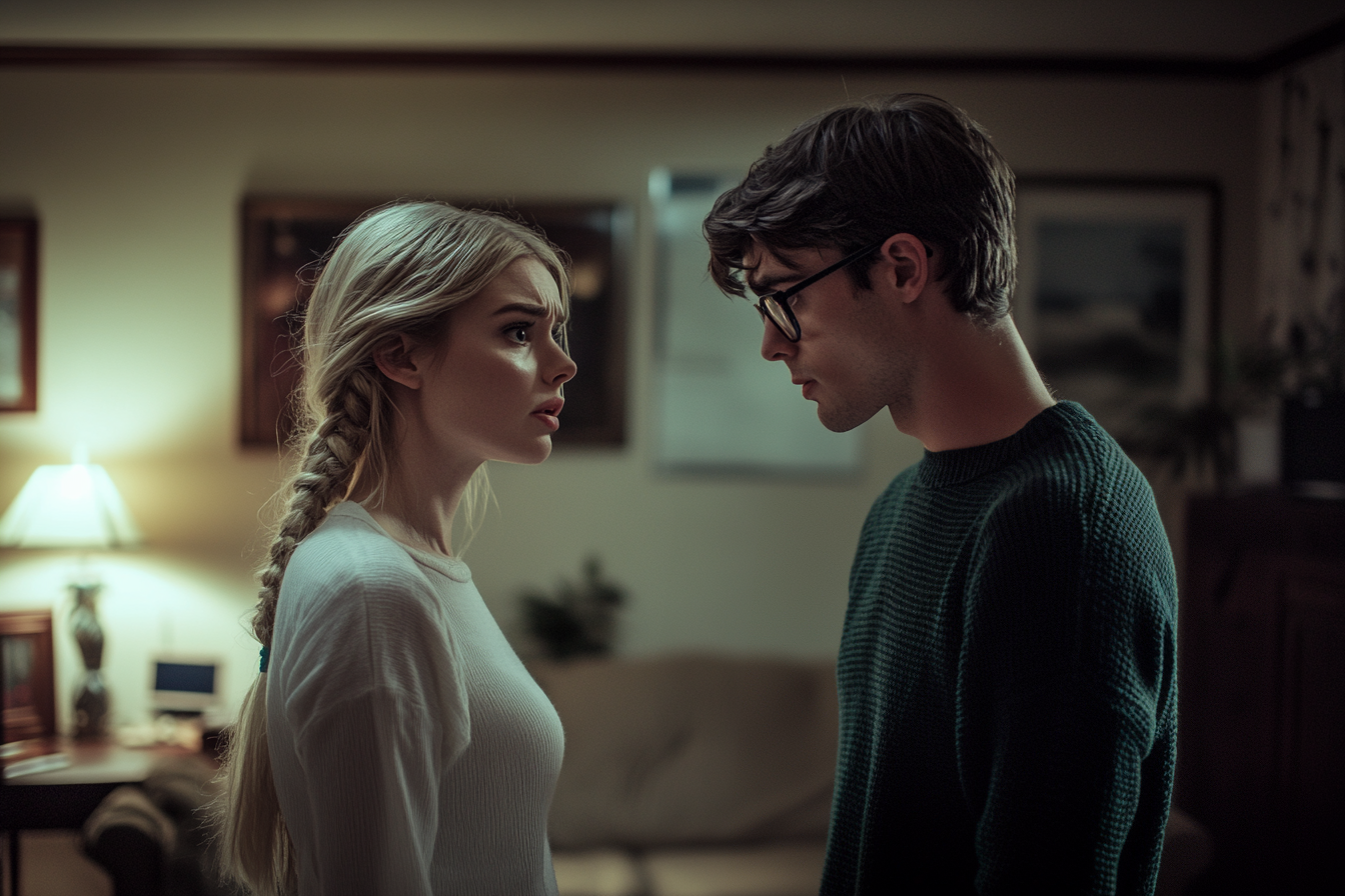 Woman in her 30s facing her husband in a living room at night looking worried | Source: no source