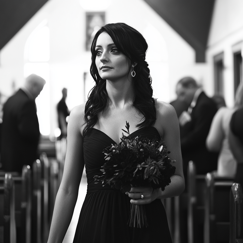 A woman walking down the aisle in a black dress | Source: No source