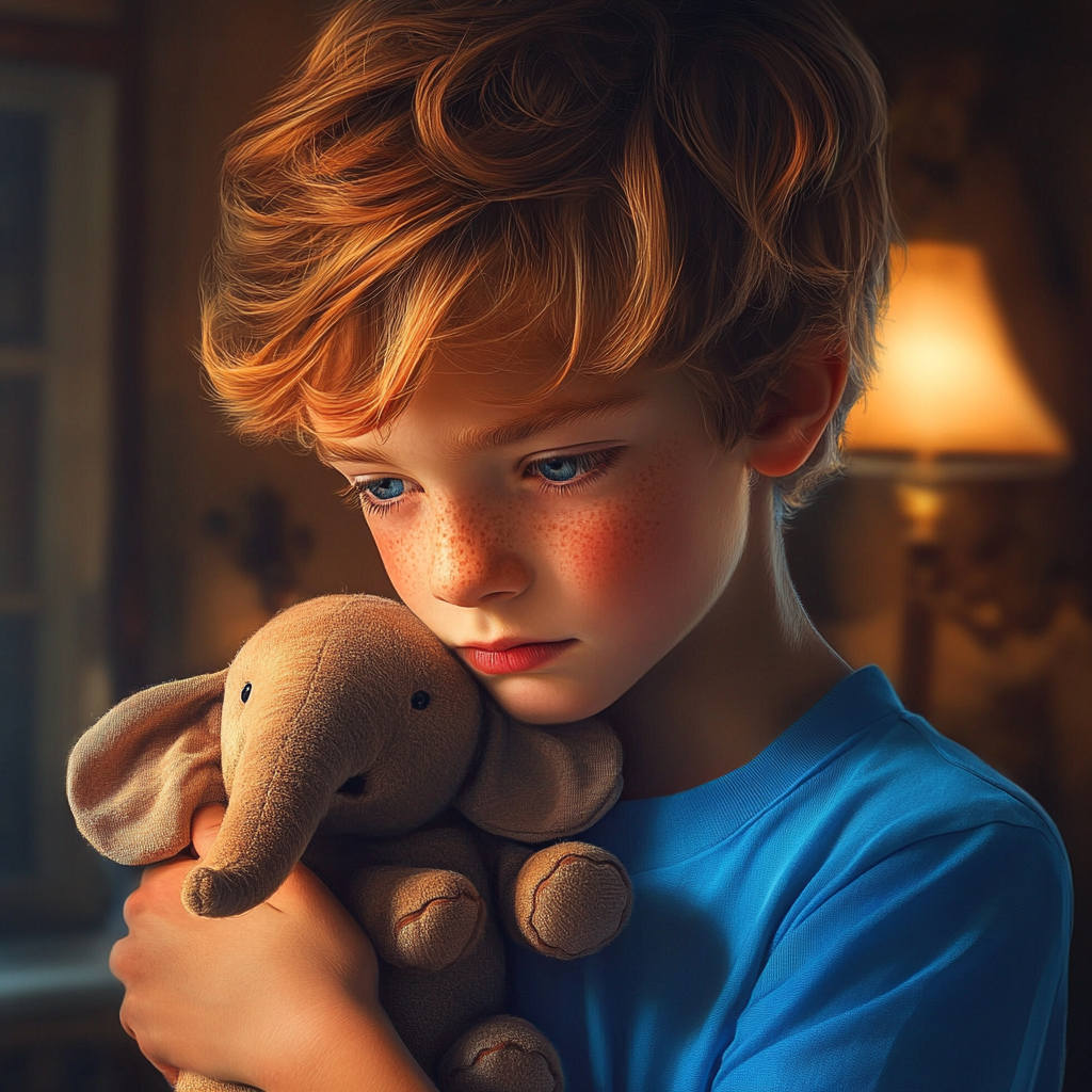 A boy clutching an elephant plushie | Source: no source
