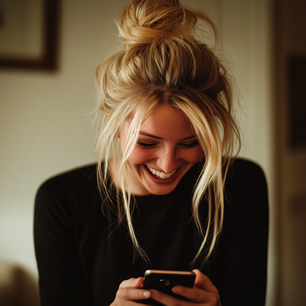 A woman typing and laughing | Source: no source