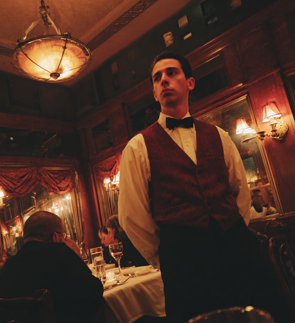 A waiter standing in a dim restaurant | Source: no source