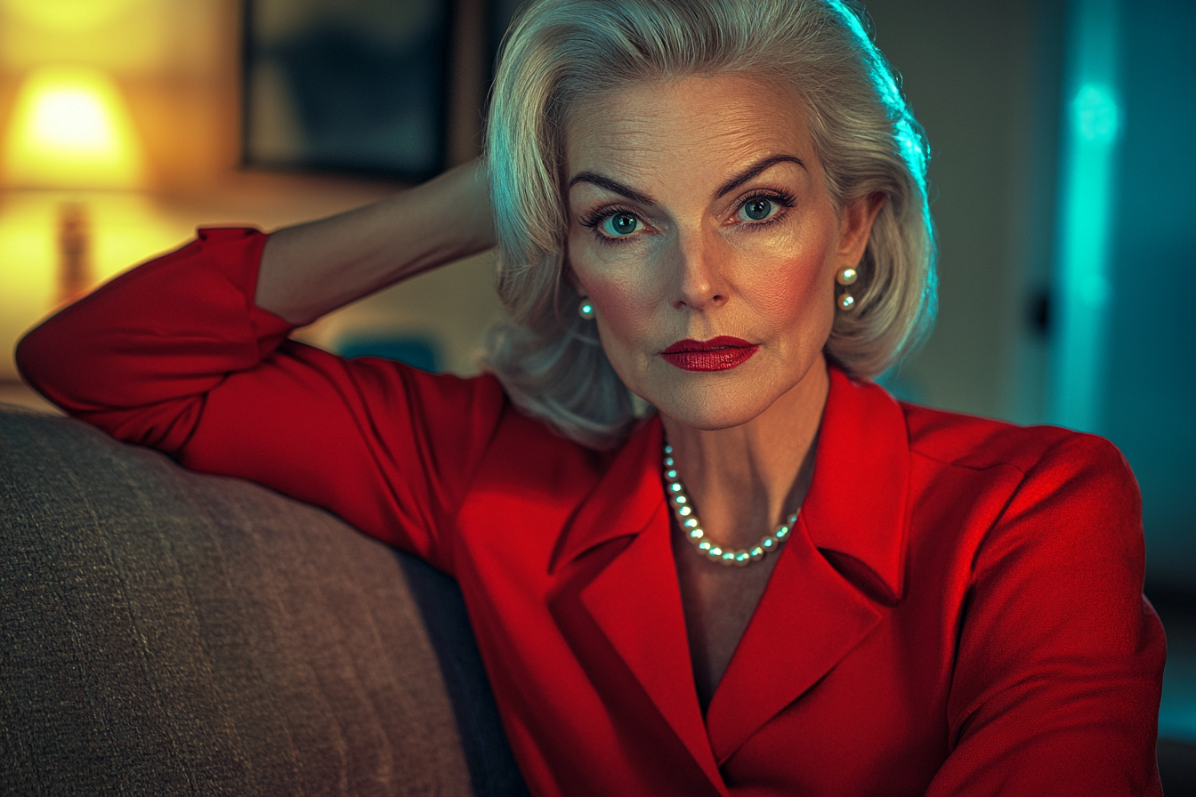 Elegant woman in her 60s sitting on a couch looking relaxed but pensive | Source: no source
