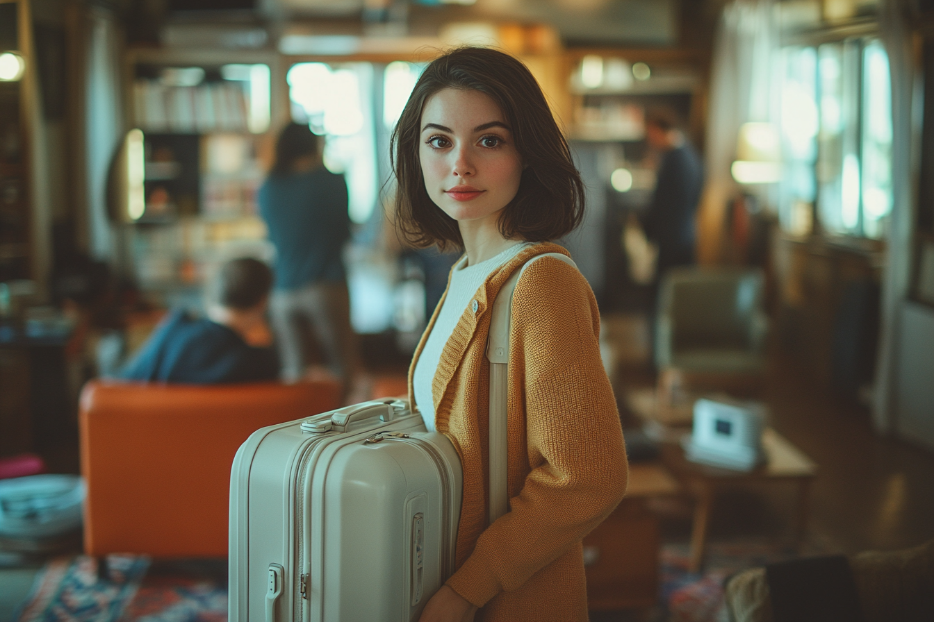 Woman with her suitcase standing in a room full of people | Source: no source