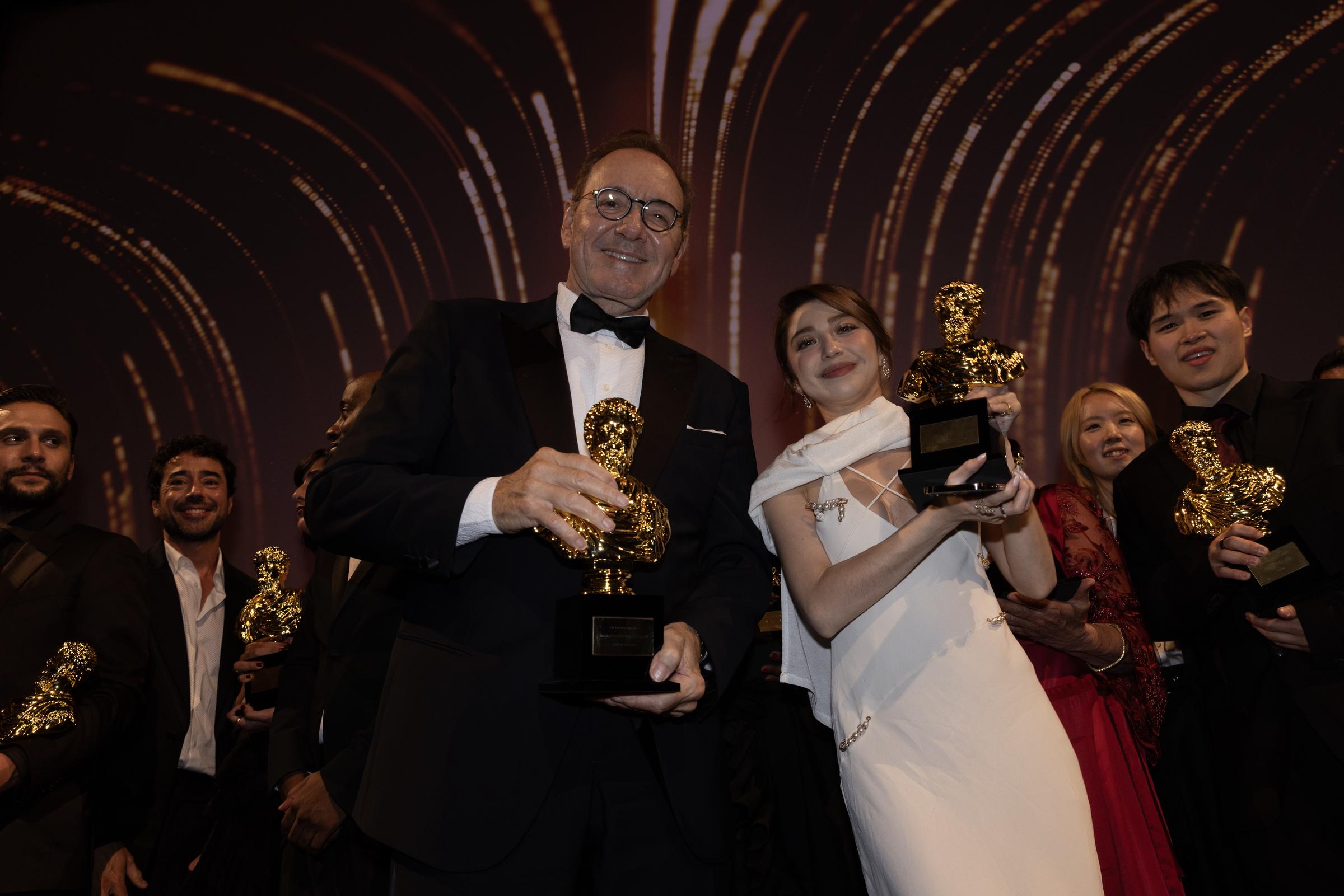 Kevin Spacey and Donnalyn Bartolome during the Septimius Awards at Koninklijk Theater Tuschinski in Amsterdam, Netherlands on September 4, 2025. | Source: Getty Images
