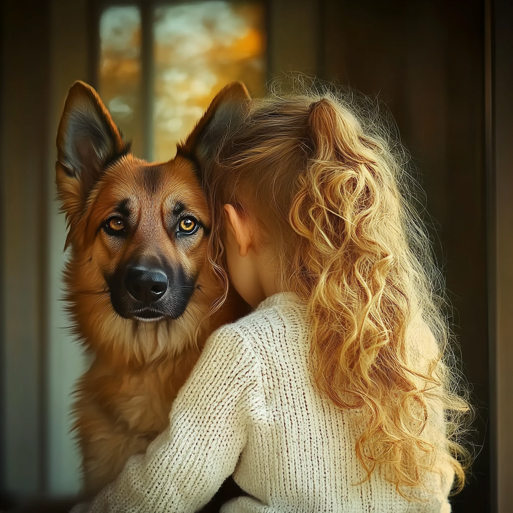 A sad little girl hugging a German Shepherd | Source: no source