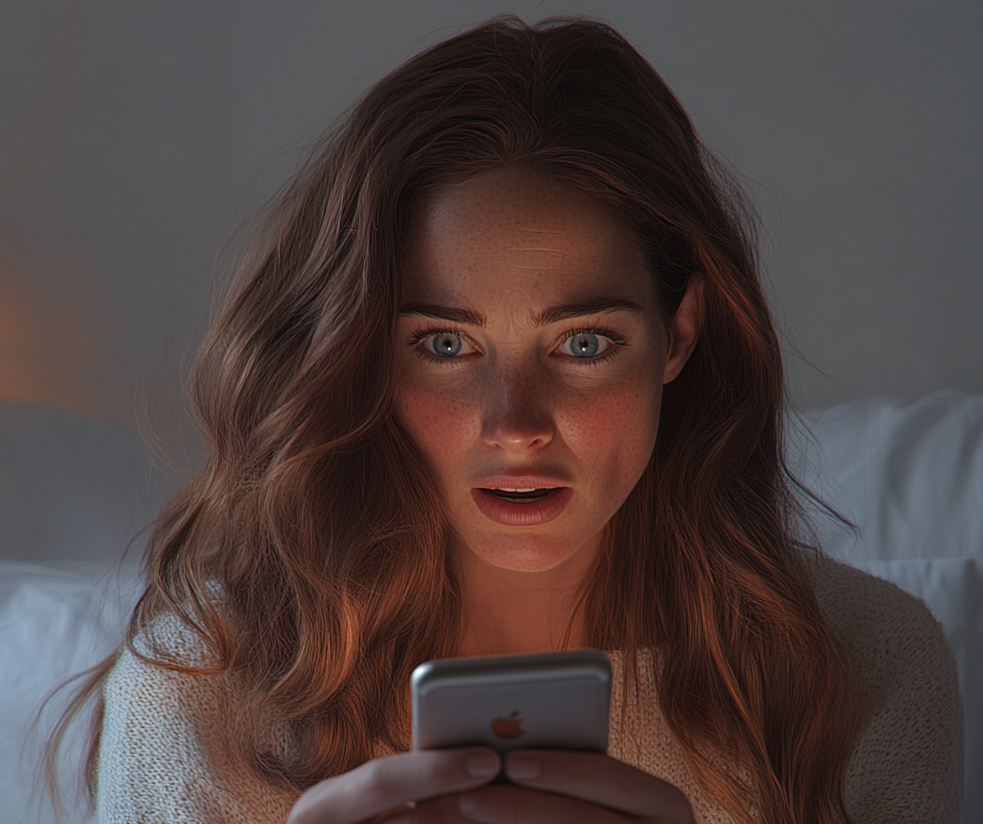 A startled woman looking at her phone | Source: No source