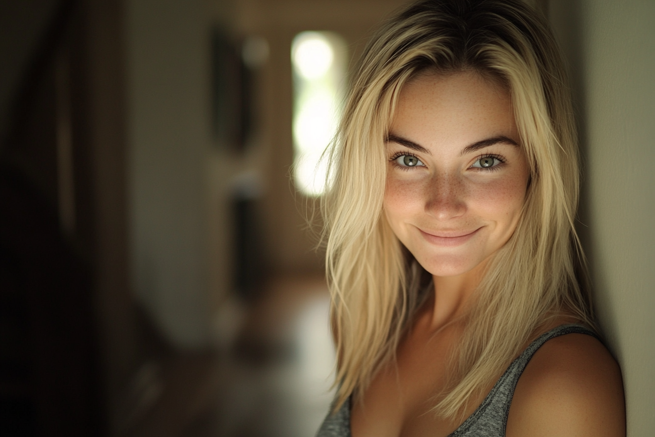 A woman smiling in a hallway | Source: no source