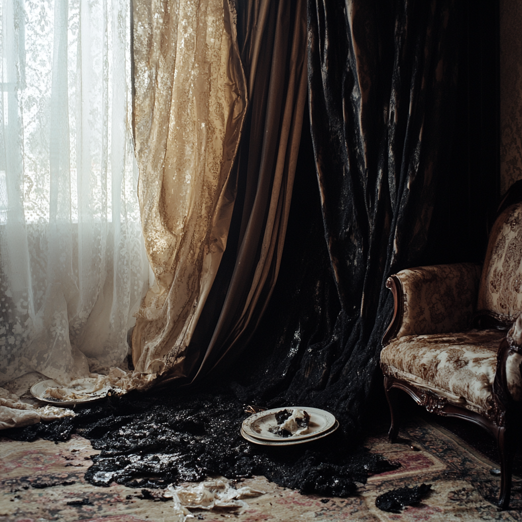 A burned carpet and curtains | Source: No source