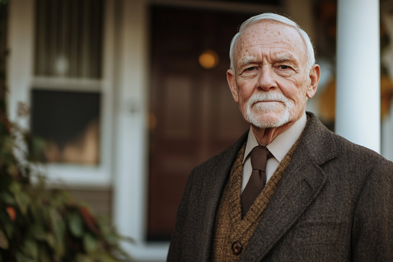 A serious man standing on a front porch | Source: no source
