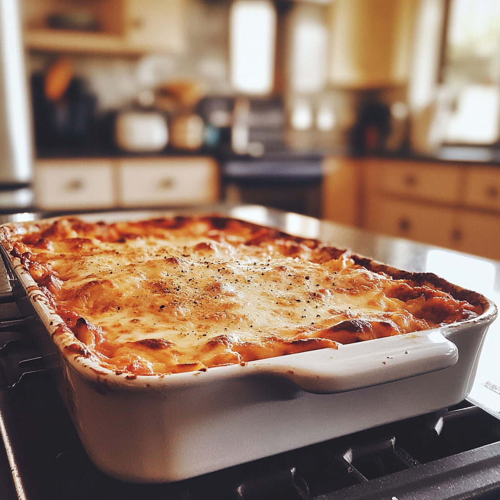 A casserole of lasagna on a counter | Source: No source