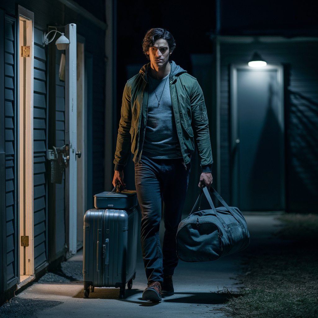 A man leaving an apartment building, toting luggage | Source: no source