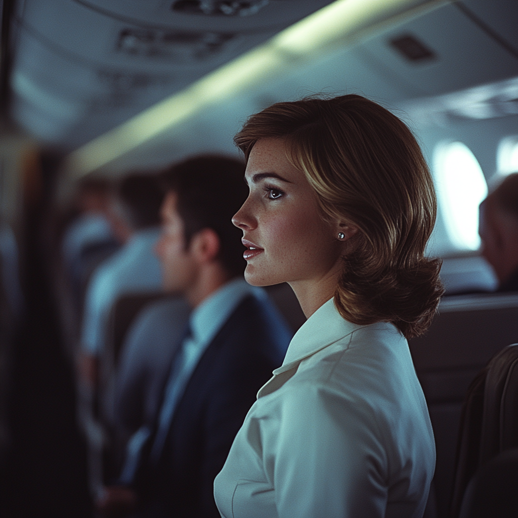 A flight attendant talking to a passenger | Source: No source