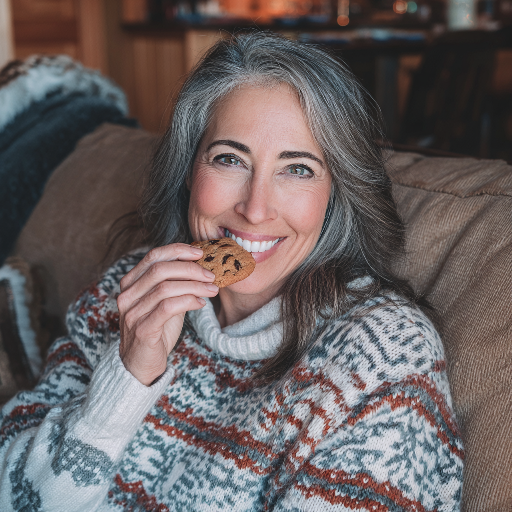 A smiling woman holding a cookie | Source: no source