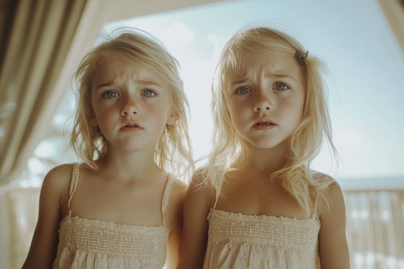 Twin girls, 5 years old, stand worried in a hotel resort room | Source: No source