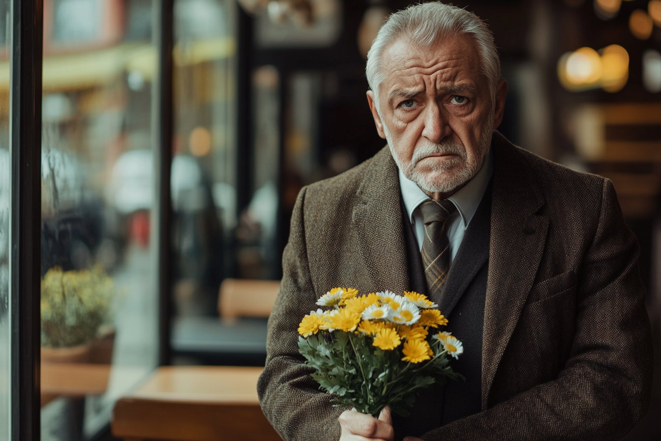 An emotional man holding a bouquet of daisies | Source: no source