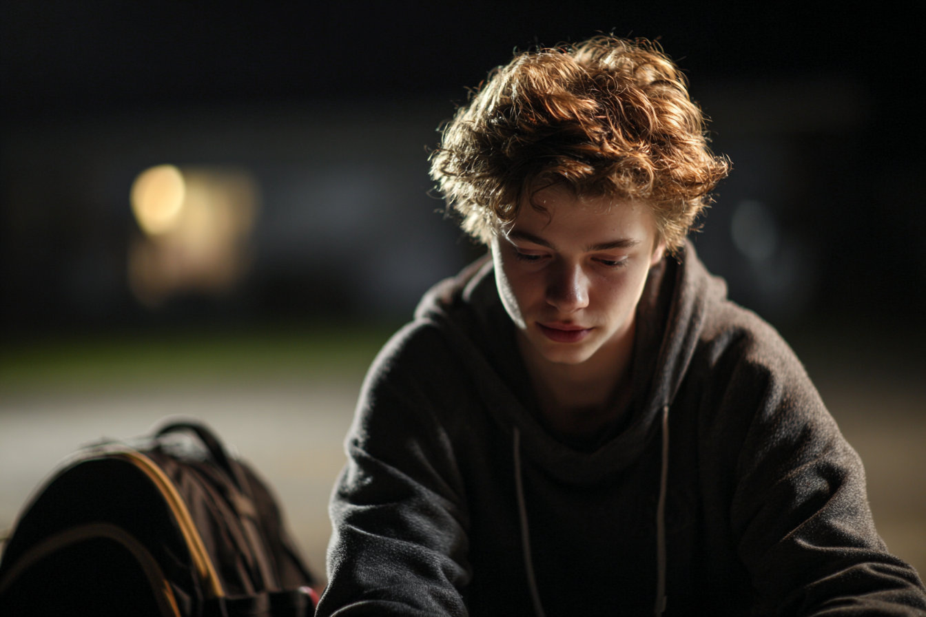 A boy sitting in a parking lot | Source: no source