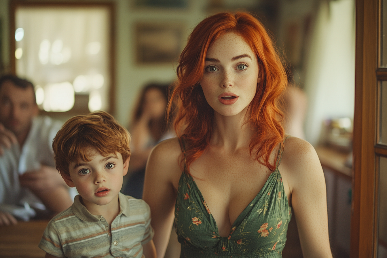 Surprised woman standing next to her child | Source: no source