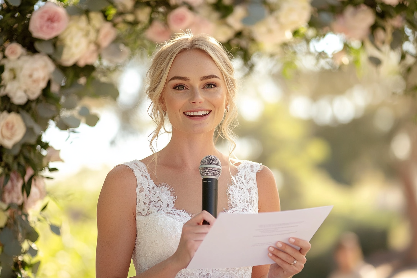 A woman holding documents speaking into a microphone | Source: no source