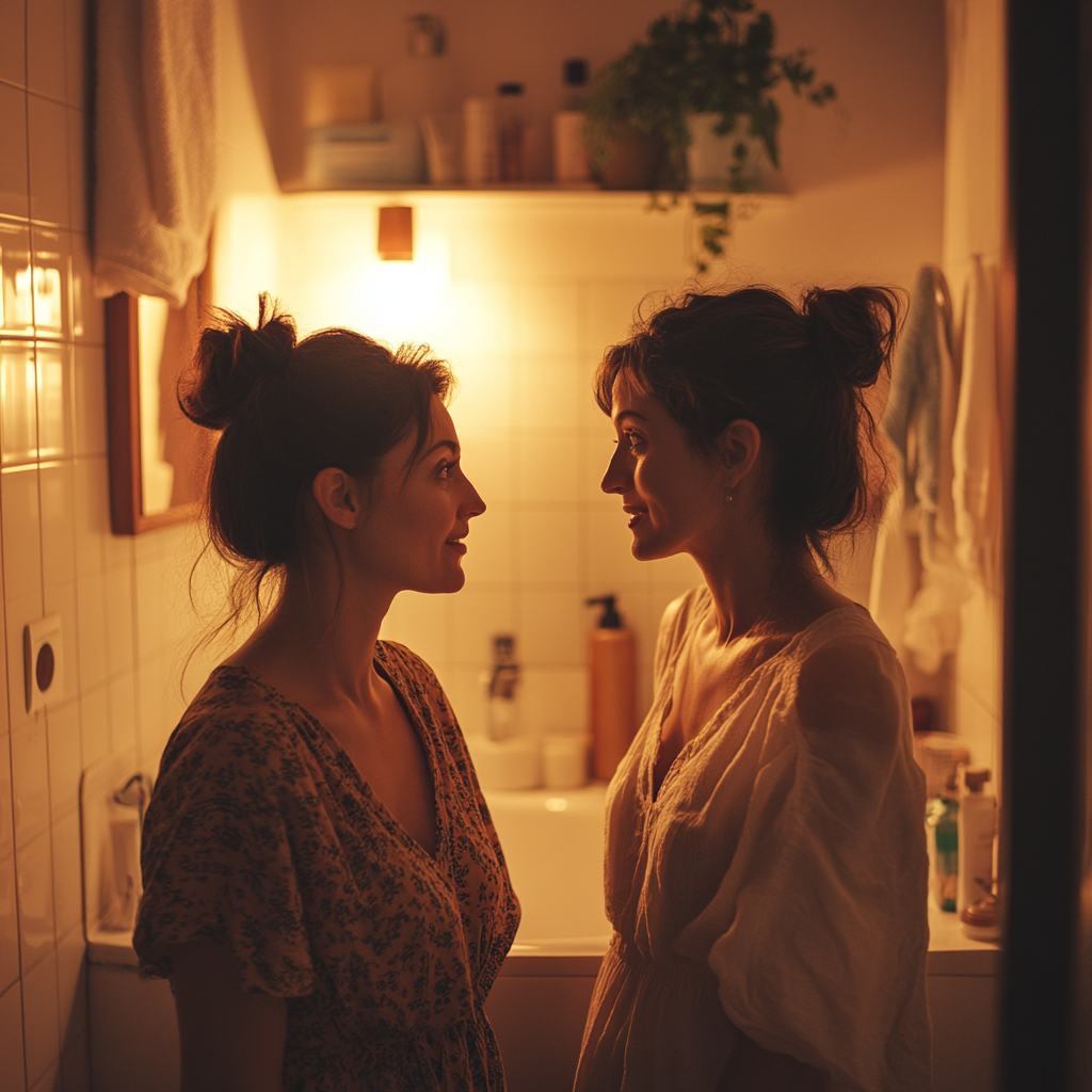 Two sisters talking in their bathroom | Source: no source