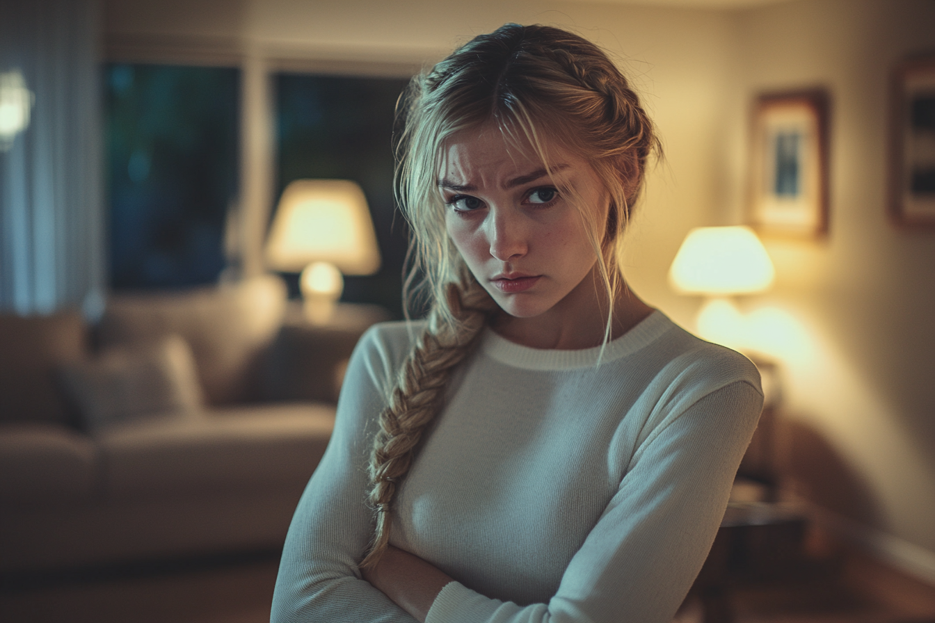 Woman in her 30s with her arms crossed in a living room at night looking upset | Source: no source