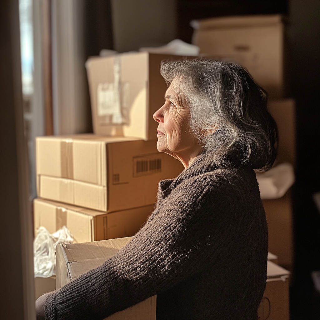 Elderly woman in a room full of boxes | Source: No source