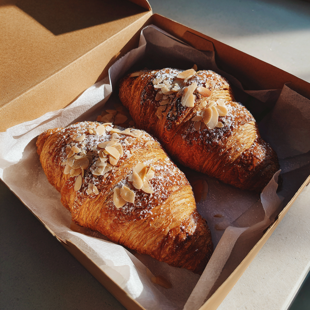 Two almond croissants in a bakery box | Source: No source