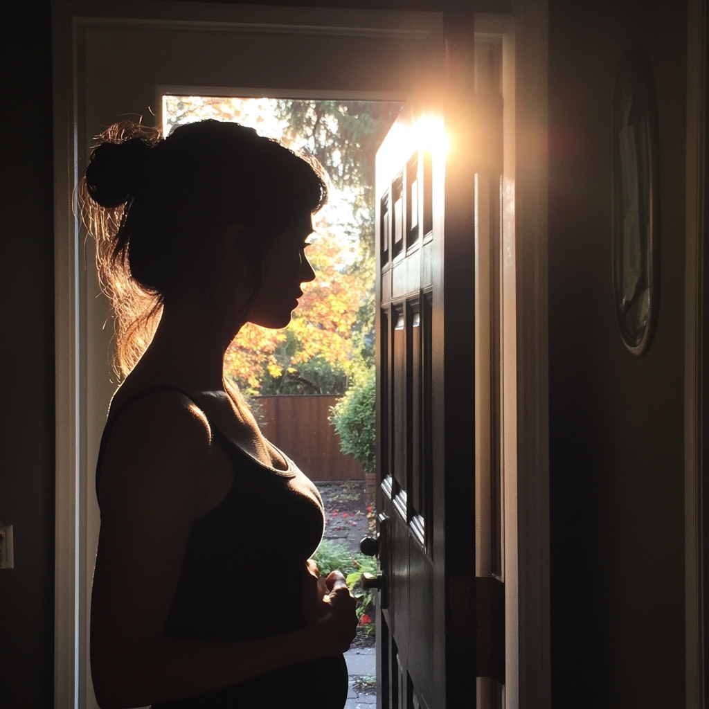 A postpartum woman standing in a doorway | Source: No source