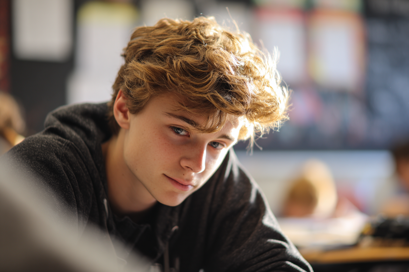 A boy sitting in a classroom, looking down | Source: no source