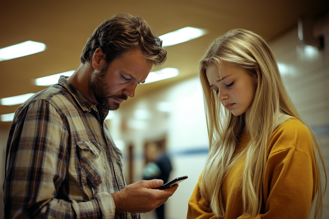A man using his phone while his sad teen daughter stands nearby | Source: No source