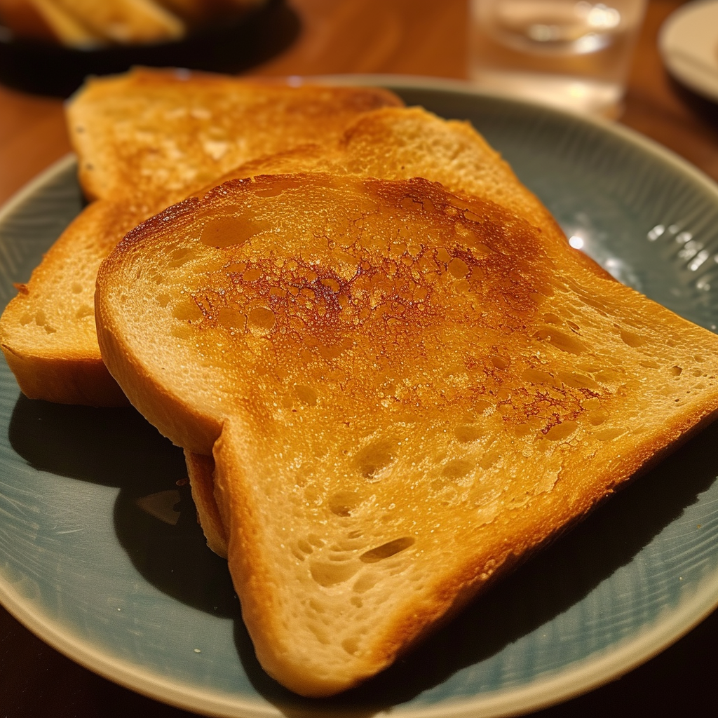 Buttered toast on a plate | Source: No source