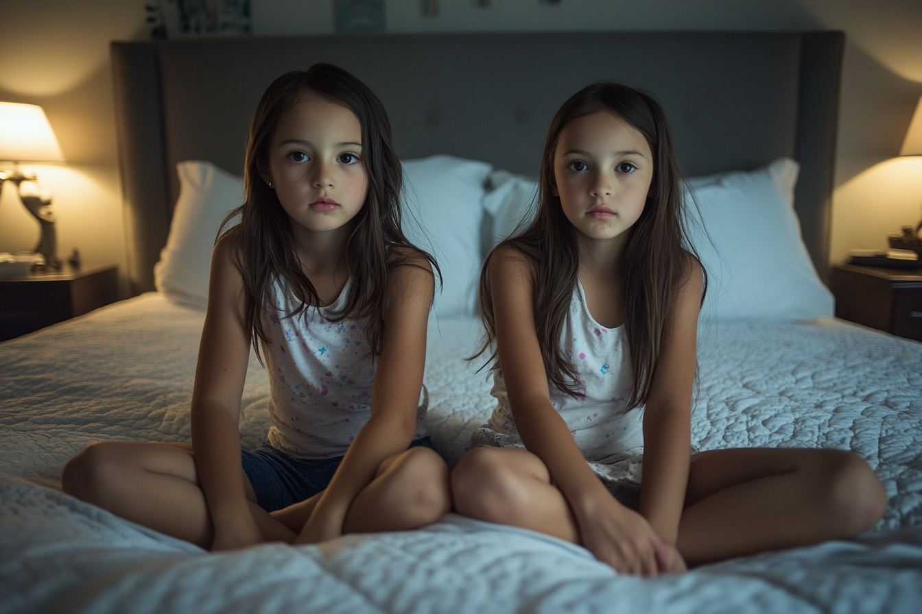 Twin ten-year-old girls sitting on a bed | Source: No source